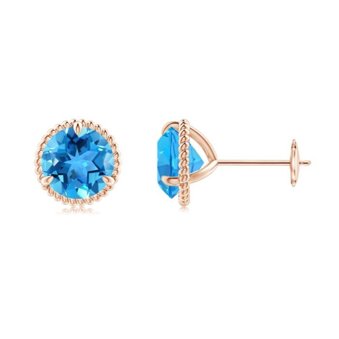 7mm aaa swiss blue topaz rose gold earrings