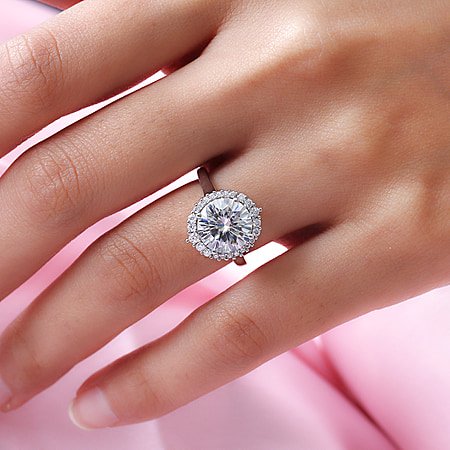 Moissanite Halo Ring in Platinum Plated Sterling Silver 3.65 Ct 8881476 2